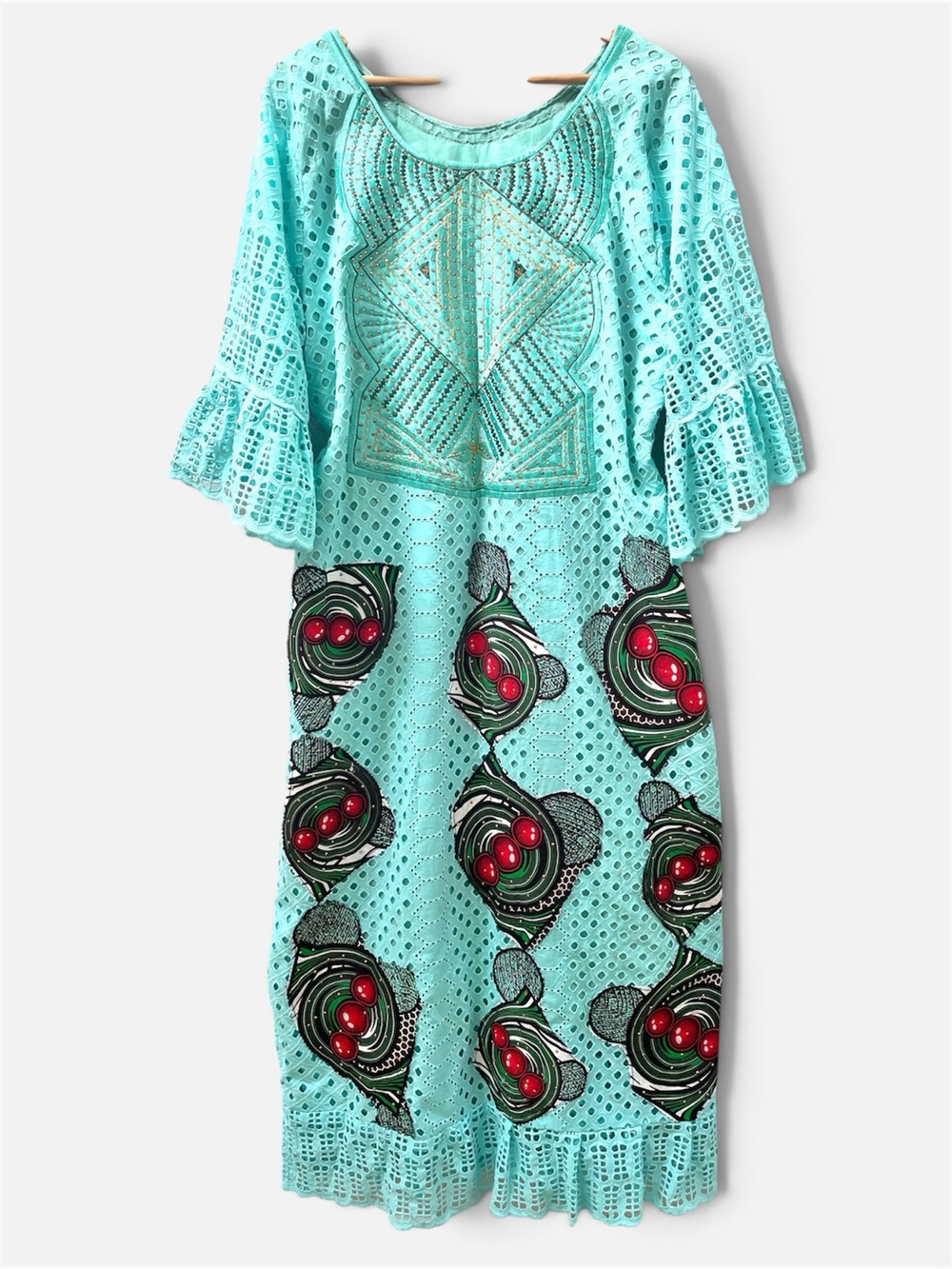 African Turquoise Rhinestone & Lace Cutout Wax Print Ankara Dress, Women's Large